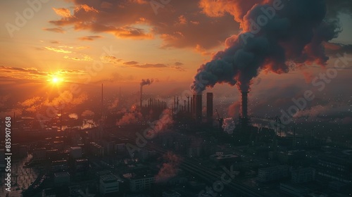 A city skyline with a large factory emitting smoke