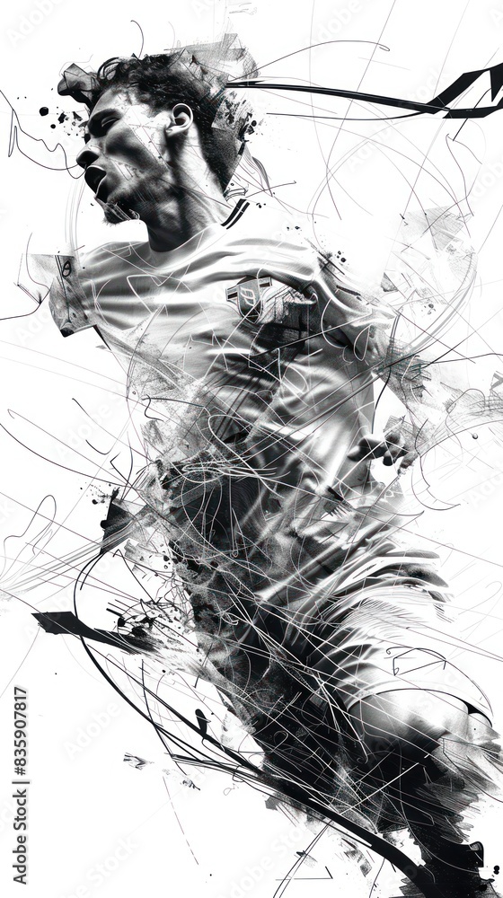 Fototapeta premium Abstract black and white illustration of a dynamic male athlete in motion with artistic ink splatter effects.