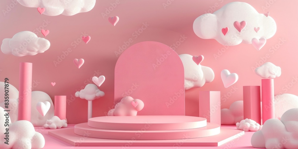 A pink podium set against a backdrop of pastel-colored clouds and a blue sky creates an abstract background for product presentation. A pink podium set against a backdrop of pastel-colored clouds and a blue sky creates an abstract background for product presentation.