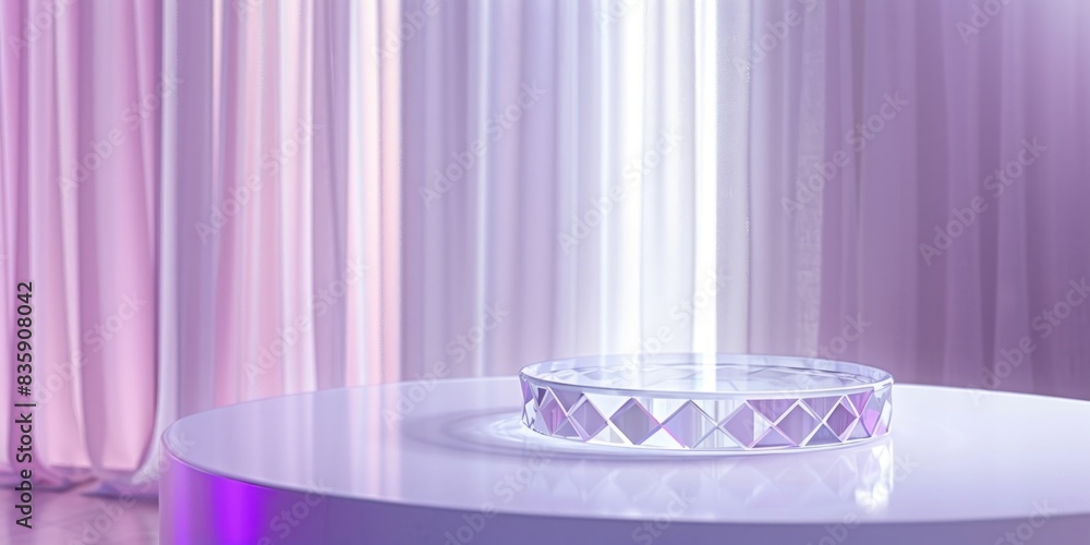 A round glass podium, casting soft purple light, is placed on an elegant white table in front of vertical columns. A round glass podium, casting soft purple light, is placed on an elegant white table in front of vertical columns.