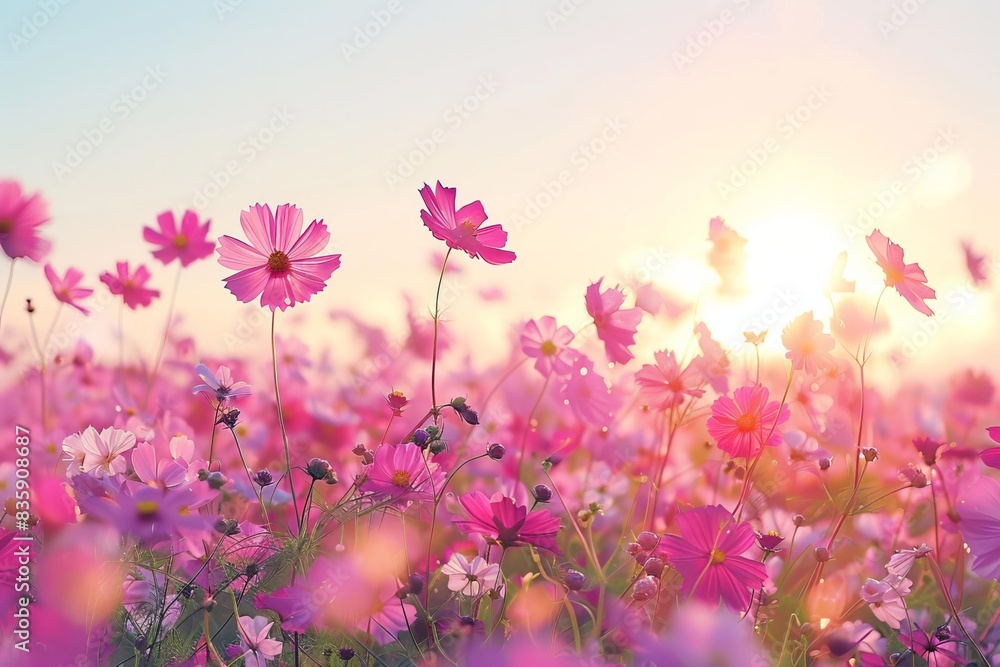 A beautiful field of vibrant pink flowers basking in the warm glow of the setting sun, radiating serenity and the essence of springtime. A beautiful field of vibrant pink flowers basking in the warm glow of the setting sun, radiating serenity and the essence of springtime.