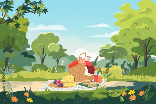 Public garden picnic banner with straw basket full of delicious. Vector horizontal panoramic view with hamper for food and blanket on background of summer city park. Family party invitation on nature