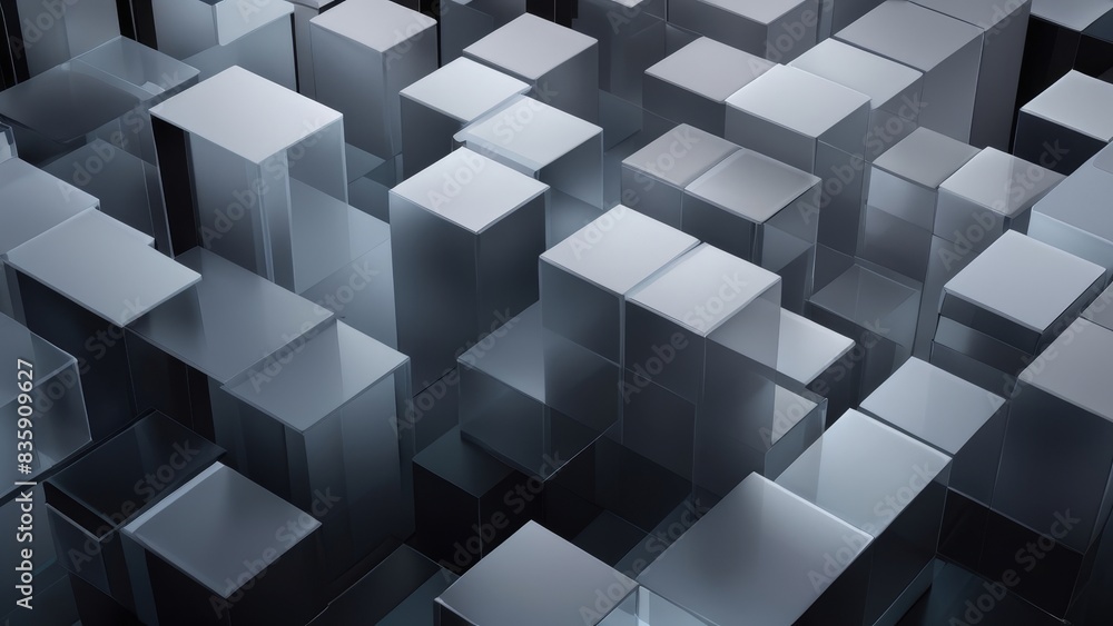 3D Render of Contemporary Tech Background Grey and Black Translucent Blocks 3D Render of Contemporary Tech Background Grey and Black Translucent Blocks