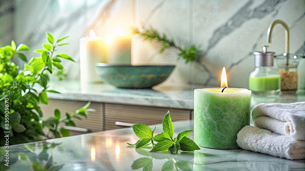 Spa setting with candles and greenery. Spa setting with candles and greenery.