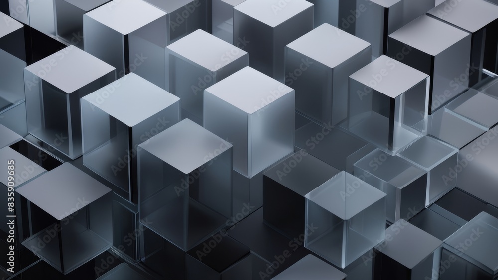 3D Render of Contemporary Tech Background Grey and Black Translucent Blocks 3D Render of Contemporary Tech Background Grey and Black Translucent Blocks