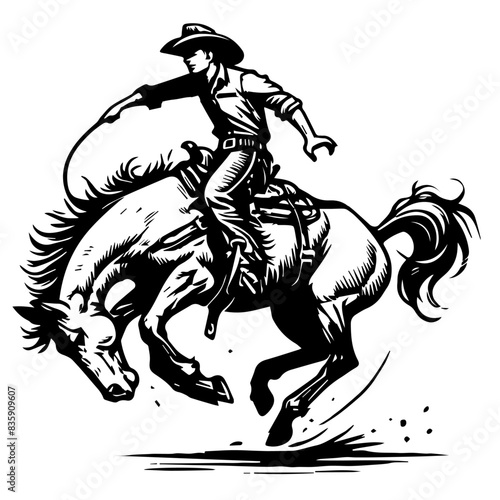 A cowboy is riding a horse, taming his steed. In a vintage style illustration