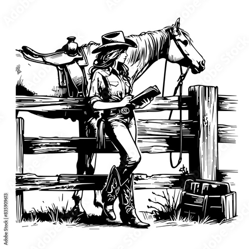 A cowgirl stands next to her horse, reading a book, in a vintage style illustration.