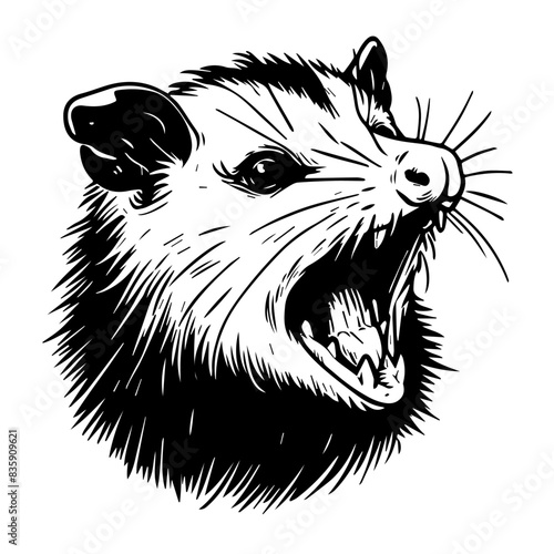 A possum is opening its mouth and screeching. In a vintage style illustration