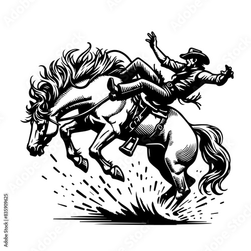 A cowboy is riding a horse, taming his steed. In a vintage style illustration