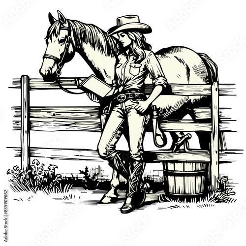 A cowgirl stands next to her horse, reading a book, in a vintage style illustration.