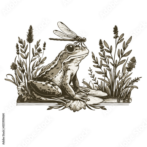 A dragonfly rests on the face of a frog sitting in the swamp, cottagecore, vintage, illustration.