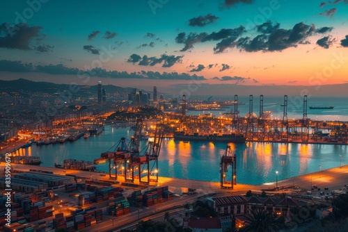 Commercial dock at dusk with containers and cranes 