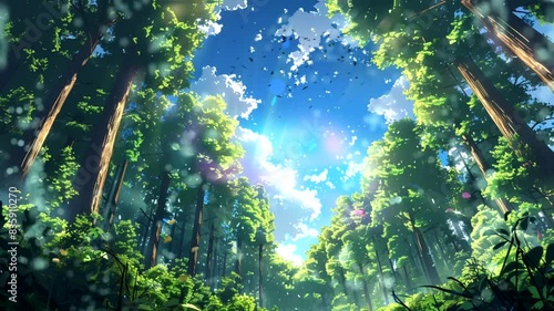 beautiful green forest with sunlight trought the forest. Cartoon or anime style. seamless looping 4K time-lapse virtual video animation background