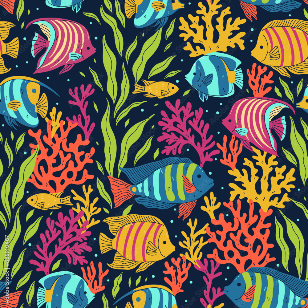 Obraz premium Seamless pattern with colorful tropical fish, corals and algae. Vector graphics.