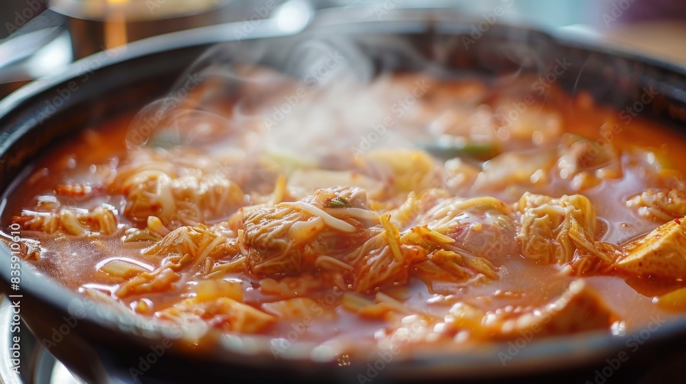a steaming pot of kimchi jjigae, showcasing the hearty stew in a setting of a cozy winter home, emphasizing warmth and comfort. --ar 16:9 --style raw Job ID: 03c1f245-c01f-4fba-b571-8df520314449 a steaming pot of kimchi jjigae, showcasing the hearty stew in a setting of a cozy winter home, emphasizing warmth and comfort. --ar 16:9 --style raw Job ID: 03c1f245-c01f-4fba-b571-8df520314449