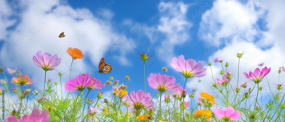 Cosmos blooming in the field, clouds and blue sky background Cosmos blooming in the field, clouds and blue sky background