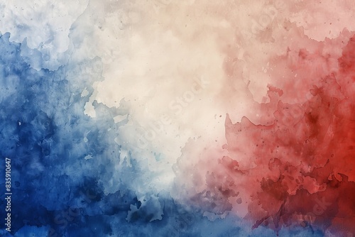 July 4th background, veterans day or independence day background in red white and blue colors, patriotic border in painted red and blue watercolor design with old vintage texture