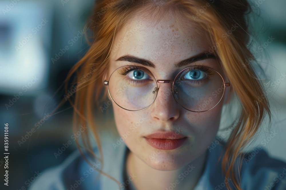 Portrait of positive looking businesswoman working a the office. She's enjoying her financial work duties Portrait of positive looking businesswoman working a the office. She's enjoying her financial work duties