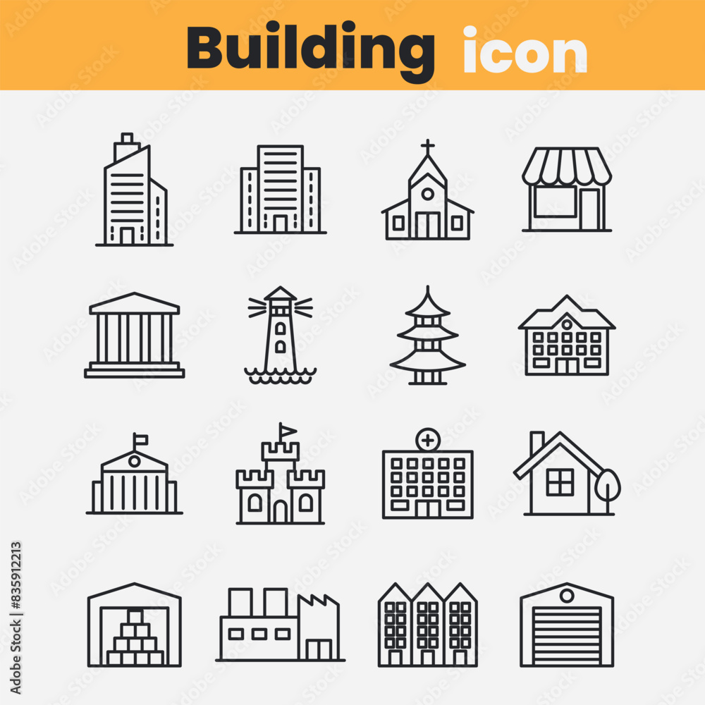 set of icons of buildings