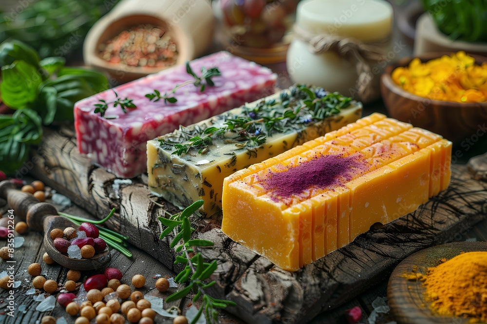 A variety of soaps sitting on top of a wooden cutting board A variety of soaps sitting on top of a wooden cutting board