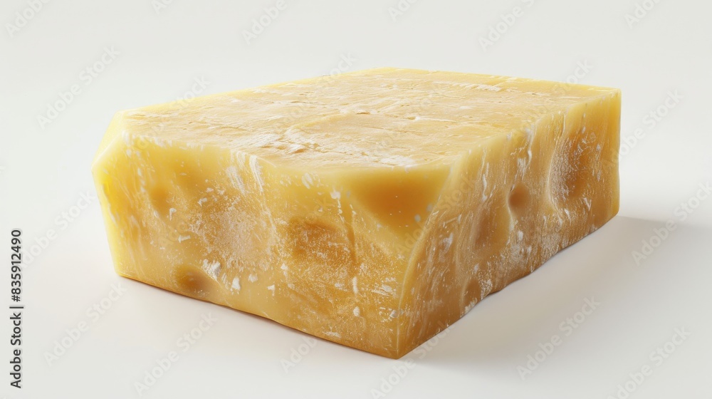 A close-up view of a single block of yellow cheese on a white surface A close-up view of a single block of yellow cheese on a white surface