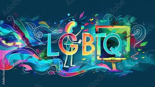 A modern stick figure illustration of a content person at their tablet, the word "LGBTQ+" in radiant rainbow hues, set against a deep aqua backdrop with swirling shapes and a vibrant screen, creating