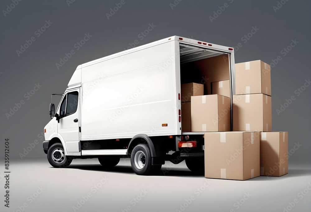 A commercial delivery van or box truck, its rear doors open, glossy ground, surrounded by a variety of empty cardboard boxes in various sizes on a plain grey backdrop.
A commercial delivery van or box truck, its rear doors open, glossy ground, surrounded by a variety of empty cardboard boxes in various sizes on a plain grey backdrop.