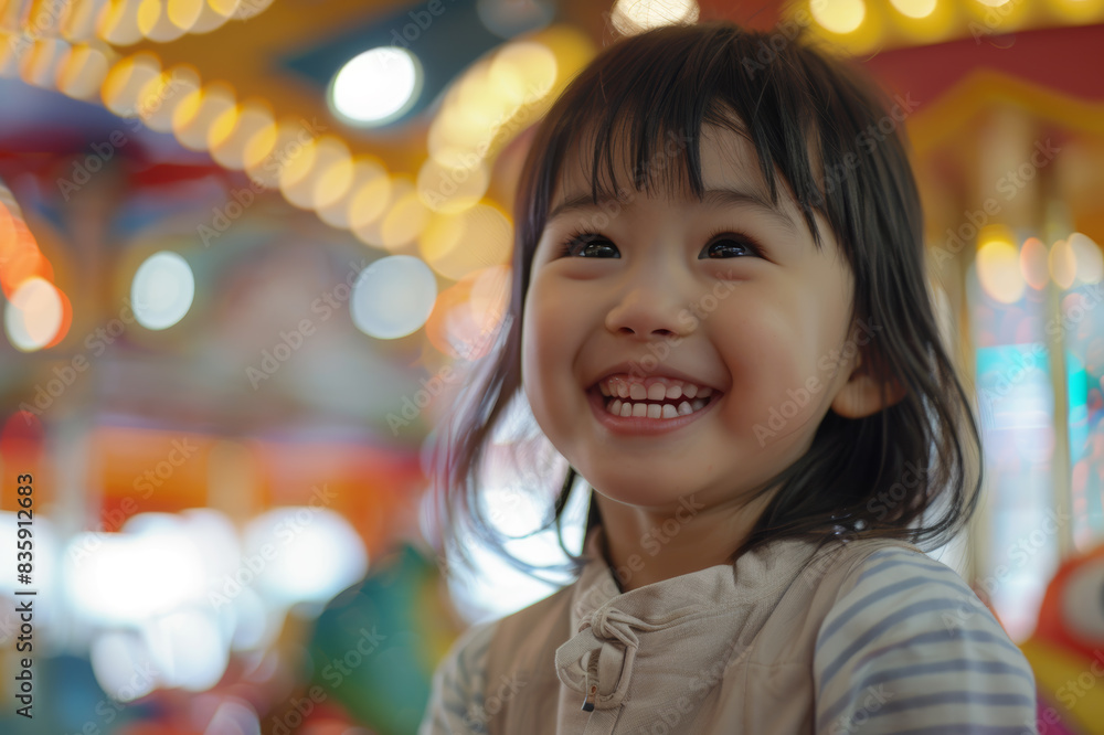 Asian girl child having fun on carousel. Asian girl child having fun on carousel.