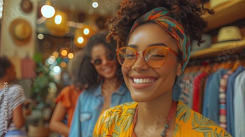A woman wearing glasses and a floral headband is smiling at the camera
