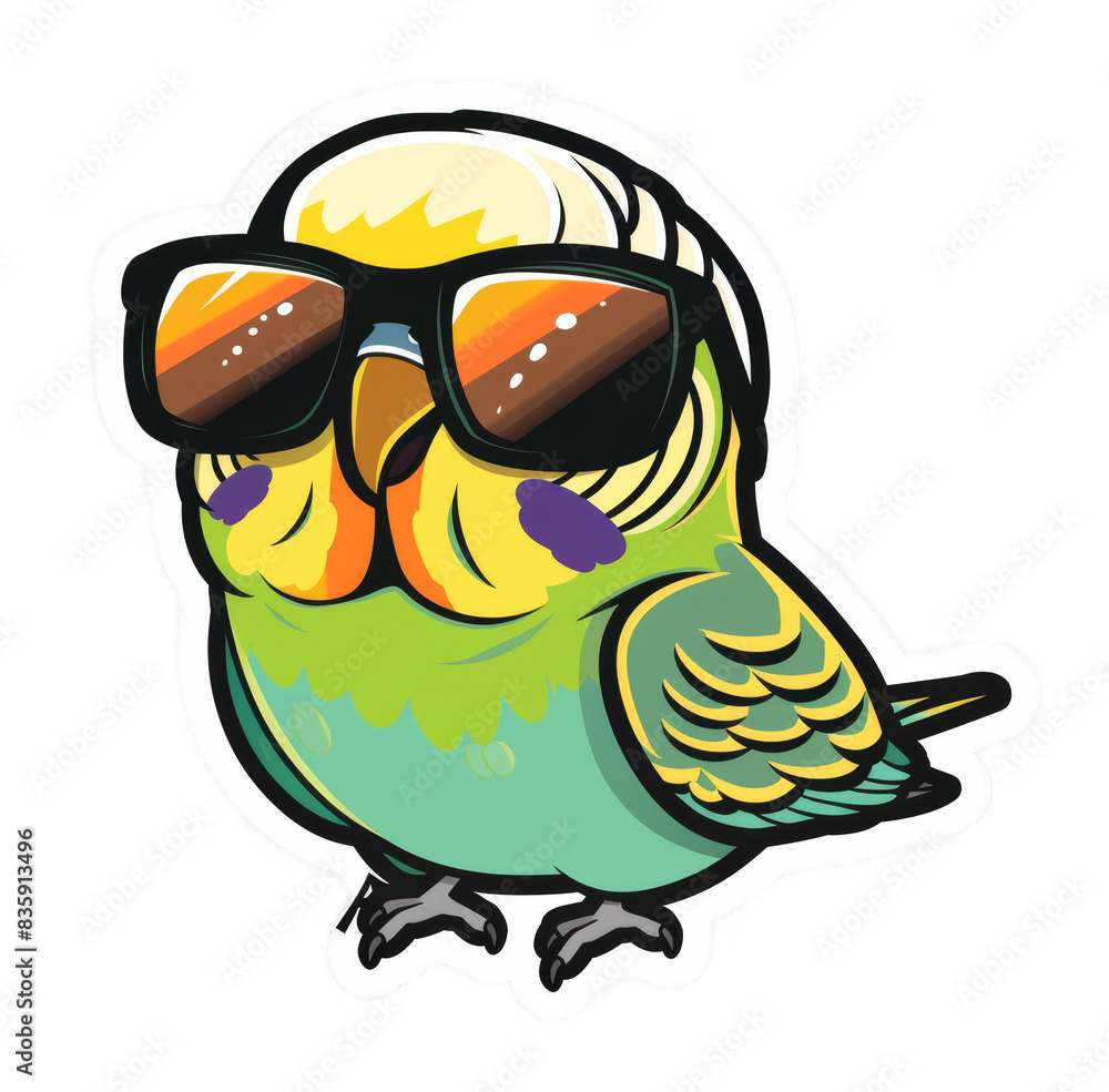 Naklejka premium Cool cartoon parrot with sunglasses, colorful and stylish. Fun and quirky character art perfect for various uses.
