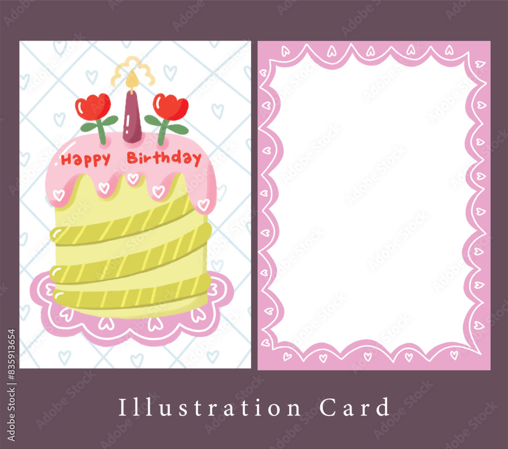 a green birthday cake with pink cream , flower and candle on top on heart pattern card,illustration birthday card decoration. greeting card for blessing. a green birthday cake with pink cream , flower and candle on top on heart pattern card,illustration birthday card decoration. greeting card for blessing.