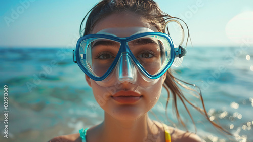 A girl in a diving mask on the beach against the backdrop of the sea