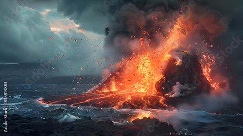 Explosive Volcanic Eruption with Lava Flow into the Ocean. photo