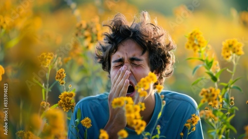 A man is sneezing in a field of yellow flowers photo