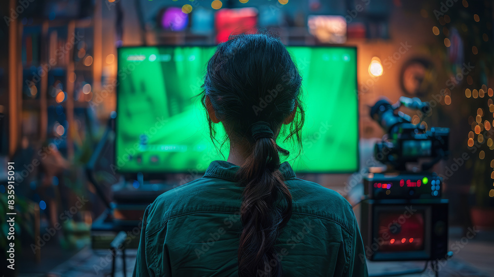 The lens on a person's shoulder is a computer with a completely green screen,generative ai The lens on a person's shoulder is a computer with a completely green screen,generative ai