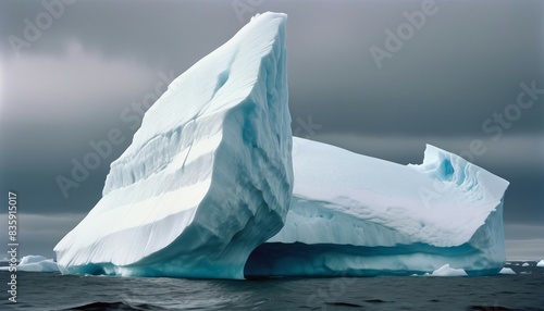 Captivating polar iceberg, showcasing a grand, icy monolith rising high above the turbulent surface of the polar ocean and an expansive, submerged base hidden from view
 photo