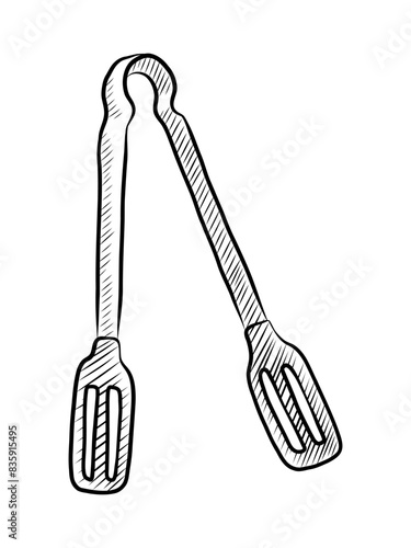BLACK AND WHITE VECTOR CONTOUR DRAWING OF KITCHEN TONGS