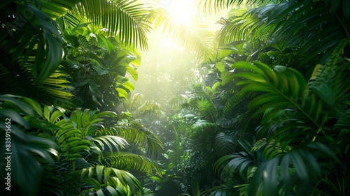 Lush tropical rainforest with sunlight filtering through dense foliage  creating a serene and vibrant natural scene.