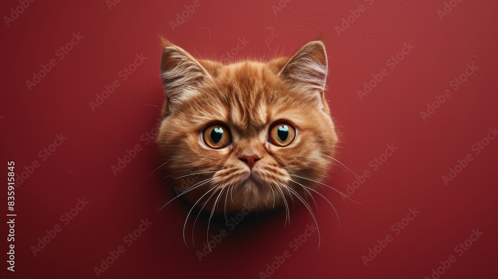A ginger cat is peeking through a hole in a red wall. The cat has wide eyes and a curious expression on its face. A ginger cat is peeking through a hole in a red wall. The cat has wide eyes and a curious expression on its face.