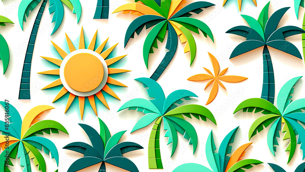 Paper cut-out palm trees and suns in a vibrant tropical pattern. Concept: exotic, lively. Ideal for travel promotions, summer events. Copy space available.
Paper cut-out palm trees and suns in a vibrant tropical pattern. Concept: exotic, lively. Ideal for travel promotions, summer events. Copy space available.