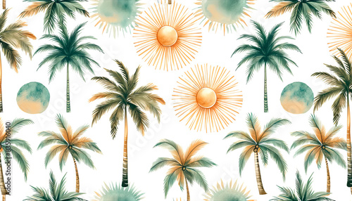 Watercolor palm trees and suns pattern. Concept: vibrant, tropical. Suitable for summer-themed designs, fabric prints. Copy space available.


