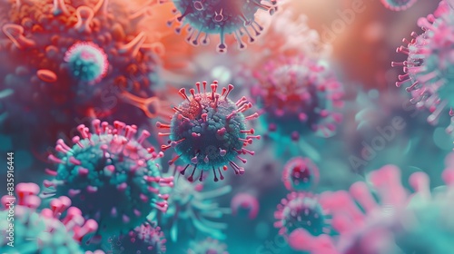 3D rendering of interaction of viral particles and abstract microscopic elements on the subject of Coronavirus, infection, epidemic, biology and healthcare