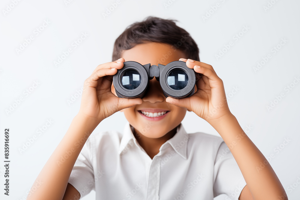 Smiling boy holding binoculars, excitedly looking through the lenses, searching and exploring with a joyful expression. Generative AI Smiling boy holding binoculars, excitedly looking through the lenses, searching and exploring with a joyful expression. Generative AI