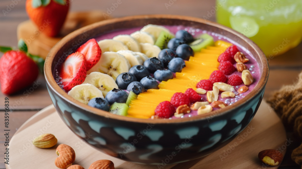 Colorful smoothie with fresh fruits and nuts Colorful smoothie with fresh fruits and nuts