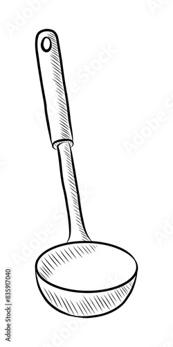 BLACK AND WHITE VECTOR CONTOUR DRAWING OF A KITCHEN LADLE