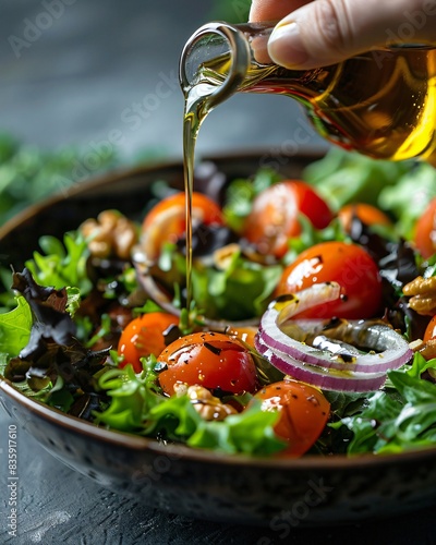 Hand pouring golden olive oil over a vibrant bowl of mixed salad with tomatoes and onions in a closeup shot