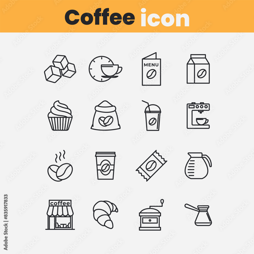 Fototapeta premium Coffee icons and Coffee Shop simple flat icon set with White Background