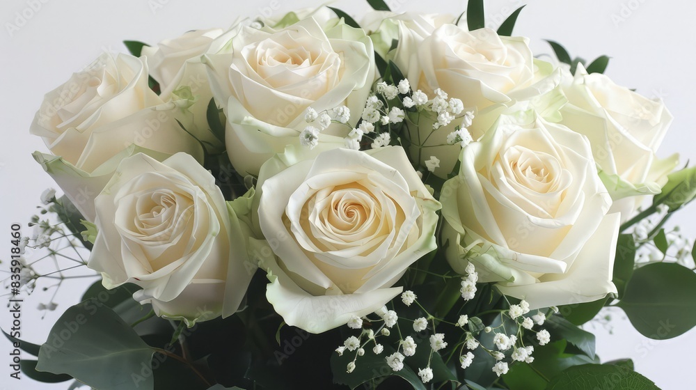 A beautifully wrapped bouquet of white roses, tied with a satin ribbon, resting on an antique wooden table A beautifully wrapped bouquet of white roses, tied with a satin ribbon, resting on an antique wooden table