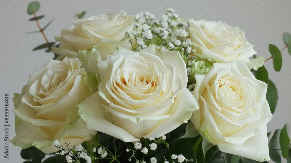 A stunning bouquet of pure white roses elegantly arranged in a crystal vase, placed on a marble table in a sunlit room with soft A stunning bouquet of pure white roses elegantly arranged in a crystal vase, placed on a marble table in a sunlit room with soft