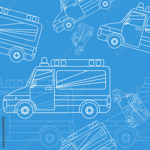 Editable Ambulance Vectorised Illustration in Outline Style as Seamless Pattern for Creating Background and Decorative Element of Healthcare Related Design